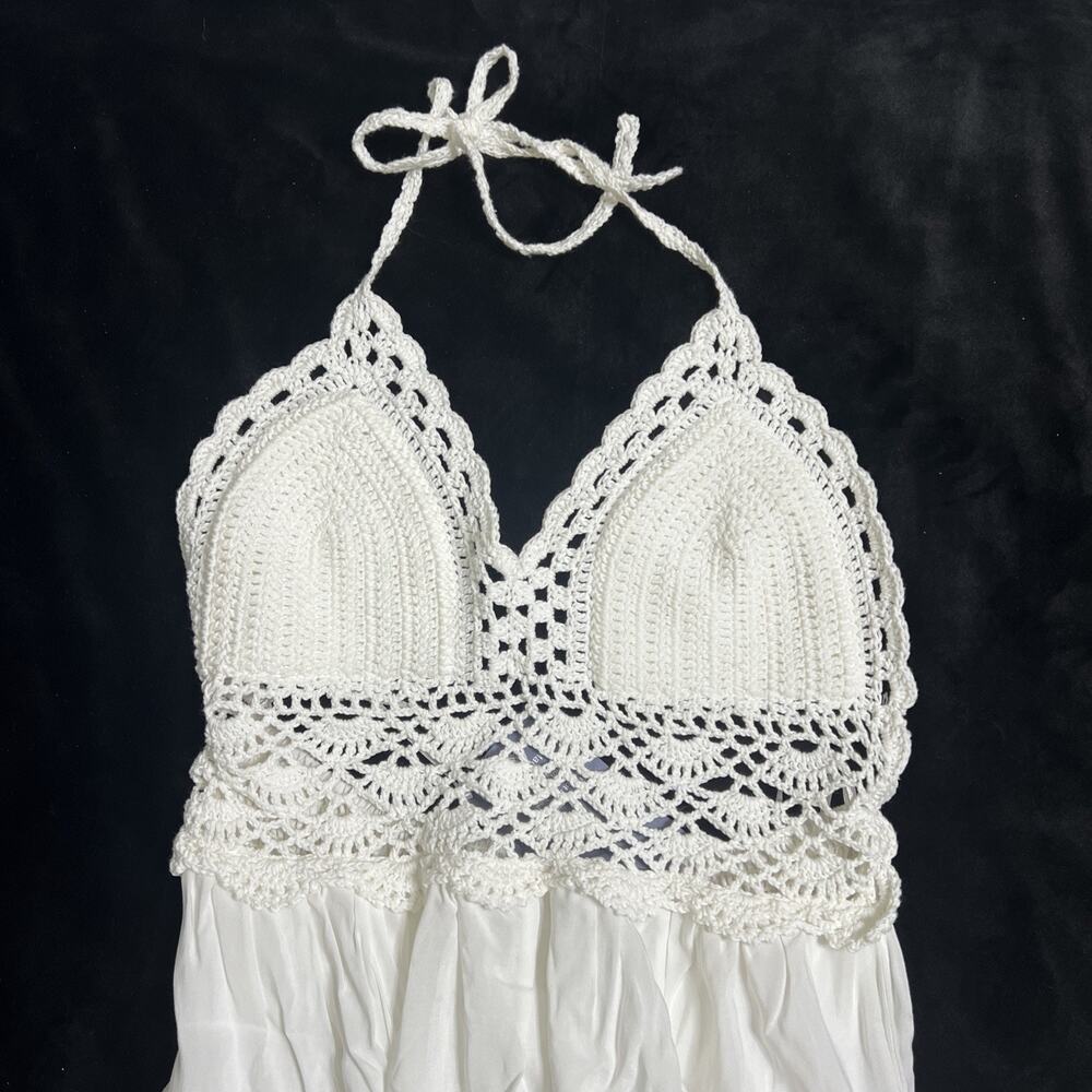 LILBETTER NWT White Beach Crochet Backless Boho Halter Maxi Long Dress Small
